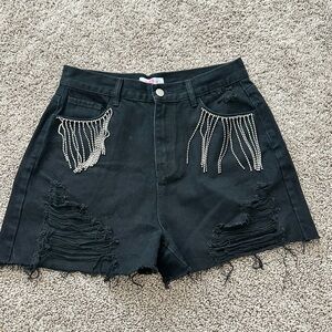 Buddy Love Black Distressed Denim Shorts Rhinestone Fringe High Rise Size L